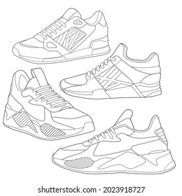 4 Umrisse Cool Sneakers. Schuhe Sneaker Umrisslinie Vektorgrafik, Turnschuhe gezeichnet in Skizze Stil, Sneaker Trainer Template Umriss, Set Collection. Vektorgrafik.