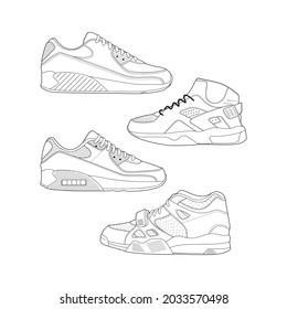 set of 4 outline Cool Sneakers. Shoes sneaker outline drawing vector.