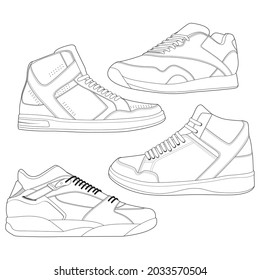 set of 4 outline Cool Sneakers. Shoes sneaker outline drawing vector.