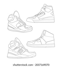 set of 4 outline Cool Sneakers. Shoes sneaker outline drawing vector, Sneakers drawn in a sketch style, sneaker trainers template outline, Set Collection. vector Illustration.