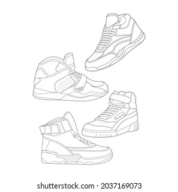 set of 4 outline Cool Sneakers. Shoes sneaker outline drawing vector, Sneakers drawn in a sketch style, sneaker trainers template outline, Set Collection. vector Illustration.