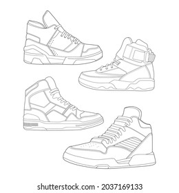 set of 4 outline Cool Sneakers. Shoes sneaker outline drawing vector, Sneakers drawn in a sketch style, sneaker trainers template outline, Set Collection. vector Illustration.