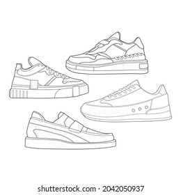 set of 4 outline Cool Sneakers. Shoes sneaker outline drawing vector, Sneakers drawn in a sketch style, sneaker trainers template outline, Set Collection. vector Illustration.
