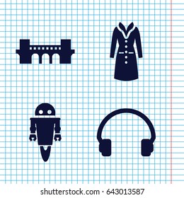 Set of 4 outline filled icons such as bridge, overcoat, headset