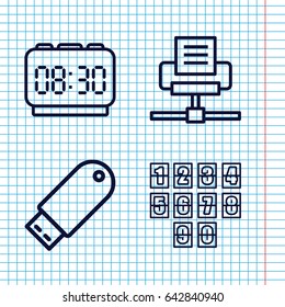 Set of 4 outline icons such as flash drive, digital clock