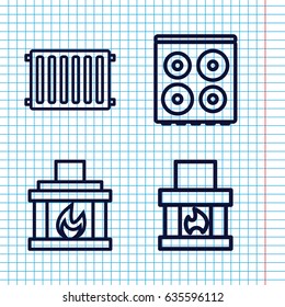 Set of 4 oven outline icons such as cooker, fireplace