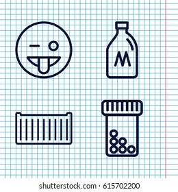 Set of 4 pack outline icons such as milk can, cargo box, emoji showing tongue