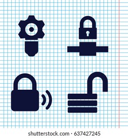 Set of 4 padlock filled icons such as opened lock, lock