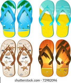 Set of 4 pairs of flip flops with tropical designs