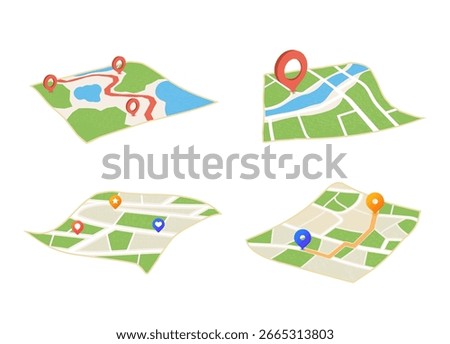 Set of 4 paper city layouts with location pins and routes. Paper effect with parks, water areas, location icons. 3D perspective vector illustration