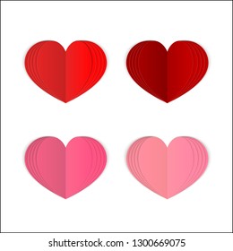 Set of 4 paper heart isolated on white. Realistic 3d folded red and pink hearts. Symbol of love for Valentine’s day greeting card. Vector illustration.  Easy to edit template for your design projects.