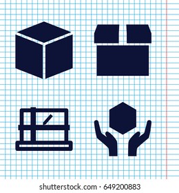 Set of 4 parcel filled icons such as parcel, handle with care