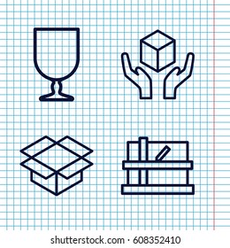 Set of 4 parcel outline icons such as parcel, fragile cargo, handle with care