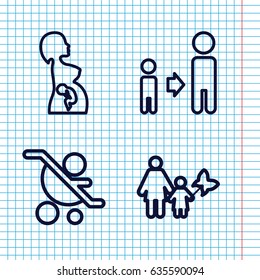 Set of 4 parent outline icons such as son and father, pregnant woman, mother and son