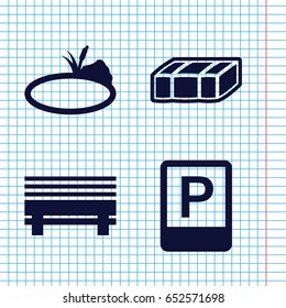 Set of 4 park filled icons such as garden bench, pond, parking