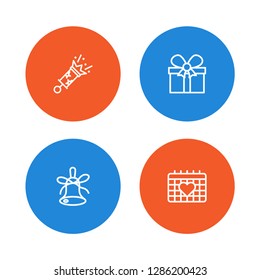 Set of 4 party icons line style set. Collection of petard, bell, calendar and other elements.