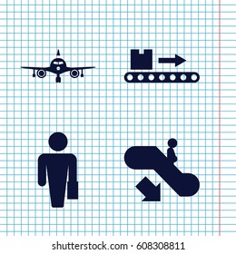 Set of 4 passenger filled icons such as escalator down, plane, luggage scan