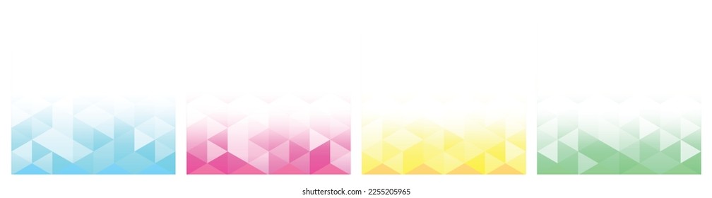 Set of 4 pastel colors blue pink yellow green geometric triangles on gradient background in square banner design. Vector illustration. 