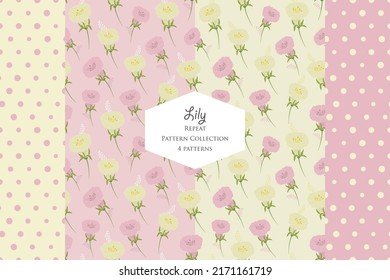 Set of 4 pastel lavender lilies patterns. Vector seamless repeat patterns. Great for fabric, textile, scrapbooking, wallpapers and packaging projects. Modern surface pattern design