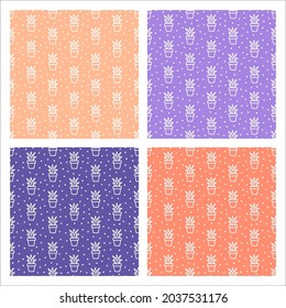 Set of 4 pastel seamless patterns with hand-drawn succulents