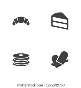 Set of 4 pastry icons set. Collection of gloves, cake, pancakes and other elements.