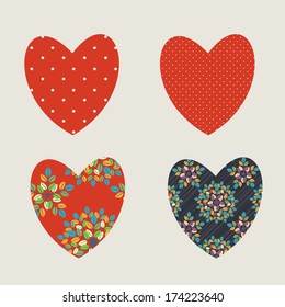 Set of 4 patchwork hearts. Vector illustration. 
