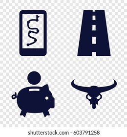 Set of 4 path filled icons such as bull skull, road, piggy bank
