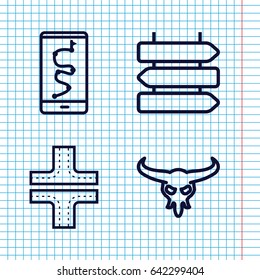 Set of 4 path outline icons such as direction   isolated, bull skull, road