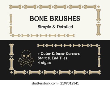 Set of 4 pattern brushes with bones for Halloween, Dia de Muertos decoration. Corners, end and start tiles included. Isolated on a black, white background.