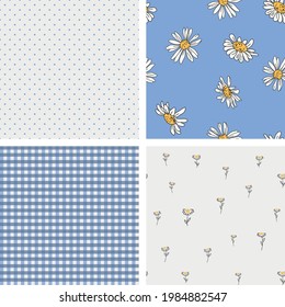 Set of 4 pattern in rustic style. Plaid, dots, strips and daisy textures in blue and white colors.