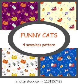 Set of 4 patterns with colorful cats on light and dark background. Funny, cute Doodle patterns for fabric, paper, plastic and ceramics decoration