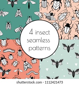 Set with 4 patterns with decorative insects. Colorful hand drawn doodle vector background. Cartoon style illustration. Beetle, butterfly, moth. For modern and original textile, wrapping paper