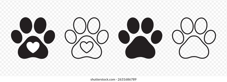 Set of 4 Paw Print Designs Featuring Heart-Shaped and Standard Footprint Icons for Pet-Themed Graphics, Logos, and Decorations