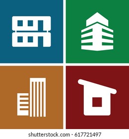set of 4 perspective filled icons such as house building