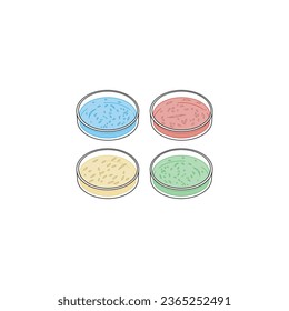 Set of 4 petri dish colorful icons with bacteria growth, simple vector illustration design. Medical carttoon symbol to use in websites, lectures, presentations, etc