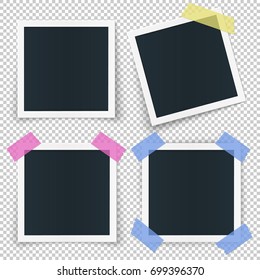 Set of 4 photo frames, stickied with colored transparent tape pieces, isolated vector illustration on transparent background.