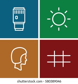 Set of 4 Photography outline icons such as camera lense, contrast, face