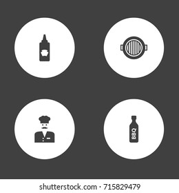 Set Of 4 Picnic Icons Set.Collection Of Chef, Ketchup Bottle, Bbq Sauce And Other Elements.
