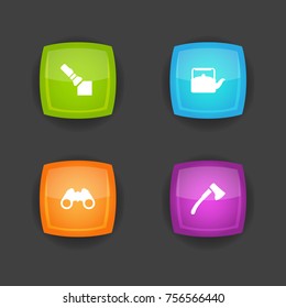Set Of 4 Picnic Icons Set.Collection Of Wood Axe, Flashlight, Kettle And Other Elements.