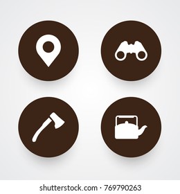 Set Of 4 Picnic Icons Set.Collection Of Location, Wood Axe, Kettle And Other Elements.