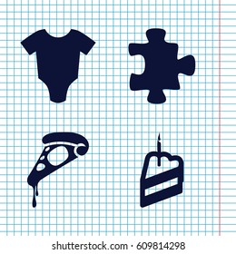 Set of 4 piece filled icons such as baby onesie, puzzle, pizza