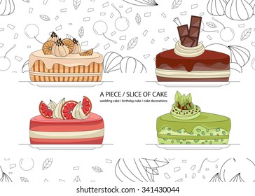 Set of 4 pieces cake: orange, kiwi, chocolate, grapefruit .
