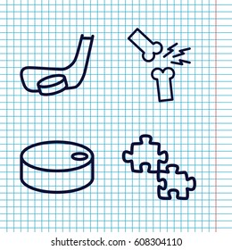 Set of 4 pieces outline icons such as broken leg or arm, hockey puck, hockey stick and puck