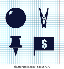 Set of 4 pin filled icons such as cloth pin, pin, flag with dollar