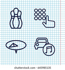 Set of 4 pin outline icons such as car music, bowling, pin