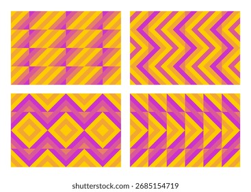 Conjunto de 4 fondos naranjas rosados, zigzags de chevron retro, diamantes e ilusión óptica, patrón de Vector geométrico sin fisuras. Fondo de diseño abstracto audaz, tela, Fondo de pantalla, diseño de la cubierta