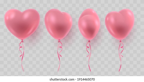 Set von drei rosa realistischen Herzballons, von verschiedenen Seiten und rosafarbenen Bändern. Vektorgrafik für Karte, Party, Design, Flyer, Poster, Dekor, Banner, Web, Werbung. 