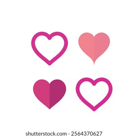 Set of 4 pink, red heart icons, simple vector cartoon doodle style illustration elements for product or web design.