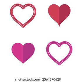 Set of 4 pink, red heart icons, simple vector cartoon doodle style illustration elements for product or web design.