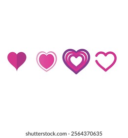 Set of 4 pink, red heart icons, simple vector cartoon doodle style illustration elements for product or web design.